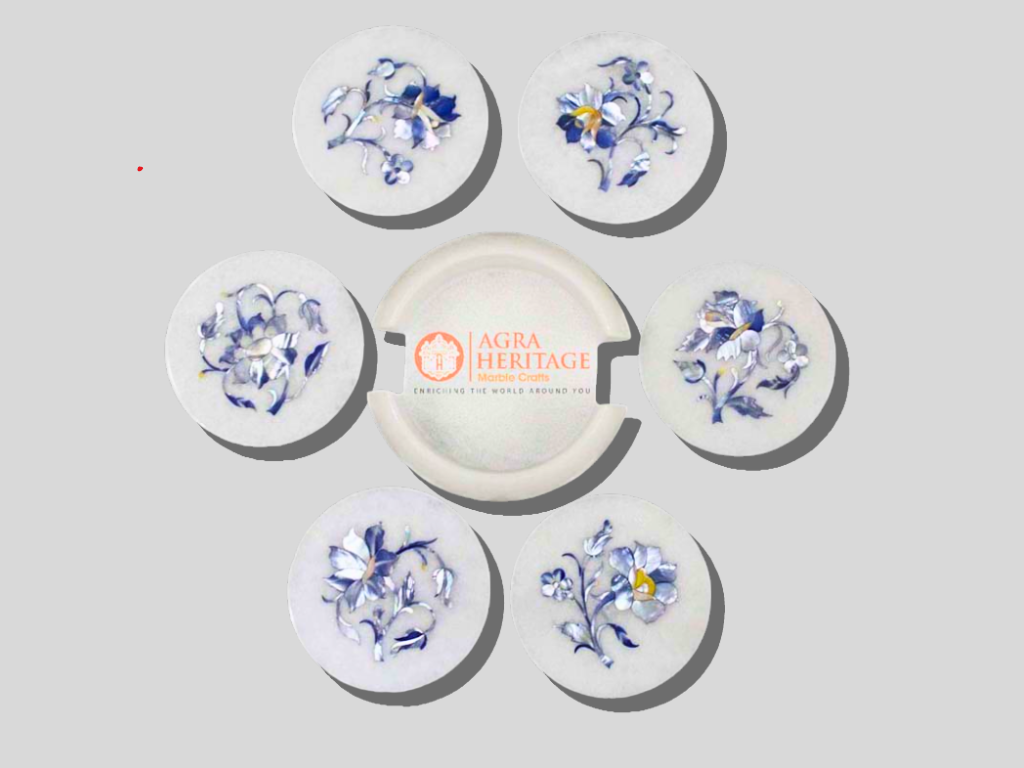 Handmade White Marble Lapis Floral Coaster Set